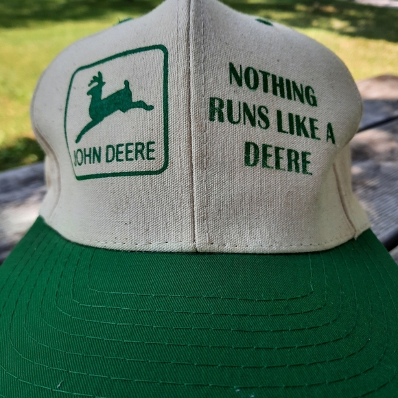 Vintage John Deere Tractor Cream Green Cotton Logo Farmer Snapback Hat OS - Picture 4 of 12
